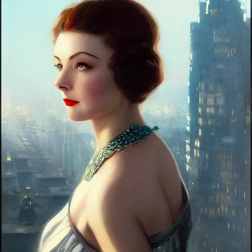 Image similar to closeup portrait of a young vivien leigh, 1 9 2 0 s, femme fatale, city background, megacity, high fantasy, dramatic light, gorgeous view, depth, high detail, digital art, painted by greg rutkowski, trending on artstation