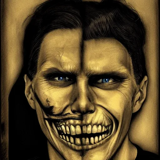 Prompt: Jerma985 with a cheek to cheek smile, sinister looking, evil intent, horror, uncanny, detailed, high resolution, sharpened, close-up, professional photography, police sketch, wanted poster
