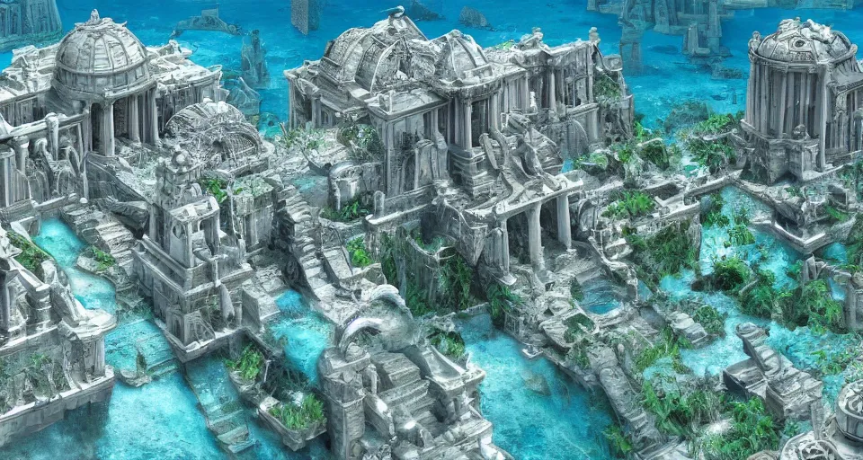 Image similar to the lost city of Atlantis, underwater, far view, fully built buildings, white marble, hyper detailed, 4K