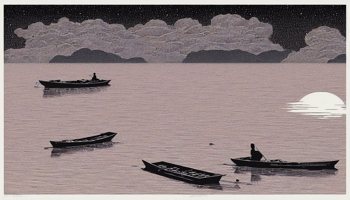 Prompt: one boat floating in the lake by woodblock print, nicolas delort, moebius, victo ngai, josan gonzalez, kilian eng