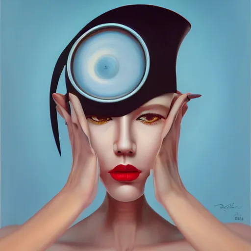 Image similar to a painting of a stylish person in the future, an ultrafine detailed painting by rafal olbinski, behance contest winner, pop surrealism, detailed painting, very detailed, minimalist, skeuomorphic, airbrush art