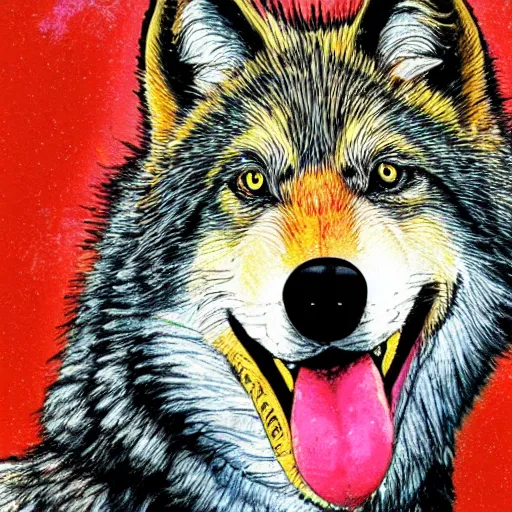 Image similar to portrait of retarded wolf, retard, rabies propaganda style, vivid colors, detailed