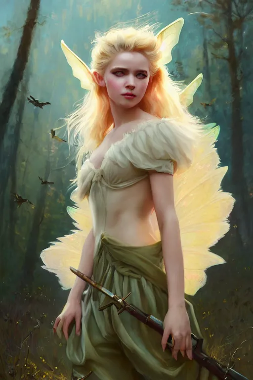 Image similar to cinematic shot of an epic portrait of a cute blonde fairy dressed in military clothes, stylised military clothes, large wings on back, shiny skin, beautiful, small details, realistic poster with volumetric light from jeremy lipkin and michael garmash, craig mallism, artgerm, unreal engine, radiant light, digital art, trends at art station, a masterpiece