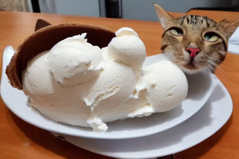 Image similar to cat made of ice cream, frozen desert in the shape of a cat