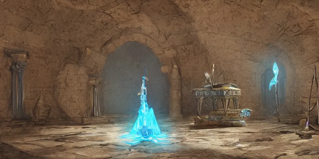 Prompt: fantasy movie scene greg rutkowski digital painting of an ornate and royal egyptian antechamber tomb with a old twisted wooden staff weapon with a blue crystal at it's tip laying on a stone altar, unreal engine, hyper realism, realistic shading, cinematic composition, blender render, octane render, hdr, detailed textures, photorealistic, ultrawide shot, 3 5 mm film