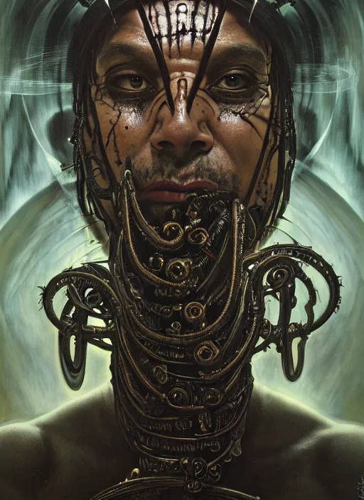 Image similar to masterpiece portrait of an biomechanical maori priest, surrounded by black liquid occult swirls, horror, dramatic lighting, h. r. giger, greg rutkowski, alphonse mucha, artgerm, donato giancola, tom bagshaw, trending on cgsociety, octane render, 8 k