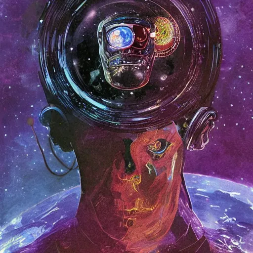 Prompt: an album cover of a man on the moon by Bill Sienkiewicz, afrofuturism, space art, cosmic horror, concept art, apocalypse art, Behance contest winner, featured on CG Society