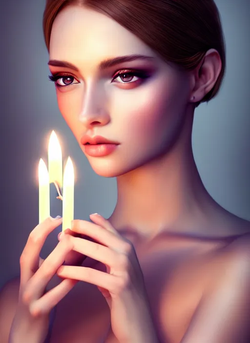 Image similar to a gorgeous female photo, professionally retouched, soft lighting, holding a candle, realistic, smooth face, perfect eyes, wide angle, sharp focus on eyes, 8 k high definition, insanely detailed, intricate, elegant, art by artgerm and wlop