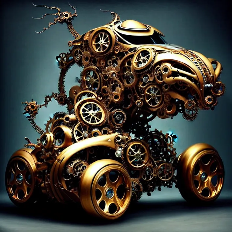 Image similar to biomechanical shiny steampunk vehicle reminiscent of fast sportscar with robotic parts and (glowing) lights parked in ancient lush palace, gothic and baroque, brutalist architecture, ultradetailed, creepy ambiance, fog, artgerm, giger, Intricate by Ellen Jewett and Josan Gonzalez and Giuseppe Arcimboldo
