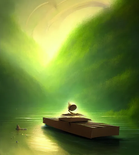 Image similar to cardboard box floating down a river, cinematic, foam, elegant, green river banks, highly detailed, psychedelic, digital painting, artstation, smooth, hard focus, illustration, art by jessica rossier and and brian froud