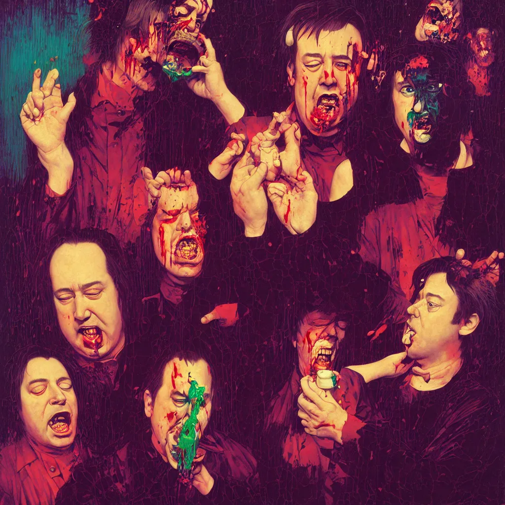 Prompt: weird and disturbing portrait of bill hicks and mike patton puking blood, vivid colors, happy, neon, art by ( ( ( kuvshinov ilya ) ) ) and wayne barlowe and gustav klimt and artgerm and wlop and william - adolphe bouguereau