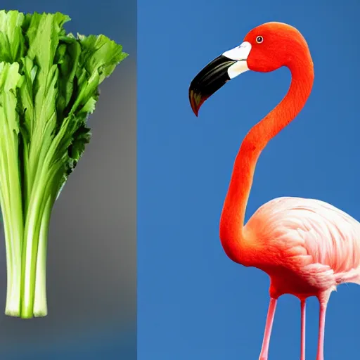 Image similar to A flamingo with human arms eating celery, photography, realistic