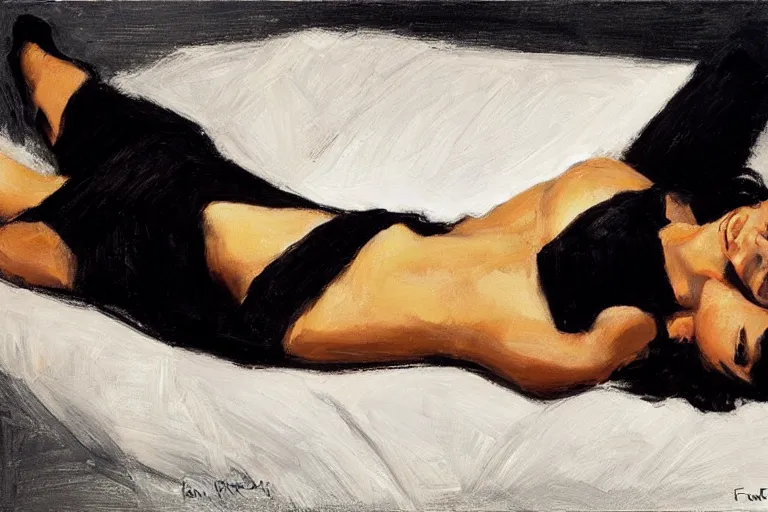 Image similar to Ground Level Shot, long shot of a beautiful dark haired woman wearing a black dress, laying on her back on a bed. by fabian perez