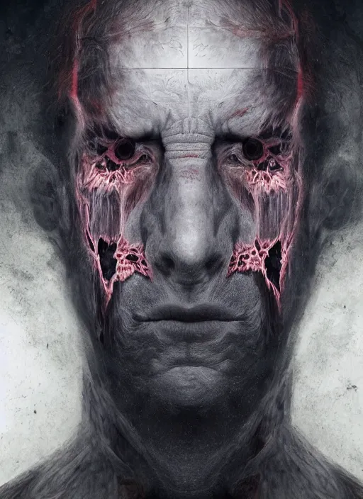 Image similar to dramatic matte portrait painting of man with black mandelbrot fractal instead of face, horror, body horror, dark art, 4 k, detailed, realistic, psychotic, insane, crazy, mental illness, dramatic,