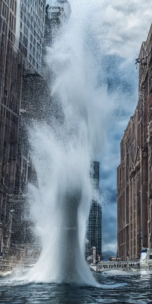 Image similar to water tornado in the city, ultra realistic, photorealistic, highly detailed, sharp focus