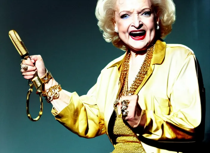 Image similar to publicity photo still of betty white as a gangsta rapper covered in gold chains, with grills in teeth and wearing a jumpsuit live on stage, 8 k, live concert lighting, mid shot