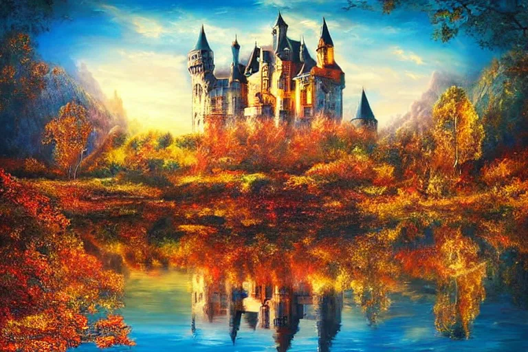 Prompt: castle, fantasy, painting, chrome, reflect, ultra realistic!!!, clear weather, golden hour, sharp focus