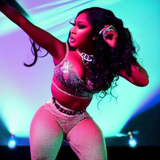 Image similar to “A beautiful full-body photograph of Niki Minaj performing on stage, 8k resolution, Stage Lighting”