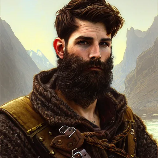 Prompt: brown haired rogue, portrait, rugged, muscular, bearded, male, city landscape, norway, d & d, fantasy, intricate, elegant, highly detailed, digital painting, brown and gold color palette, cloth, octane render, concept art, matte, sharp focus, illustration, herrarthstone, art by artgerm and greg rutkowski and alphonse mucha
