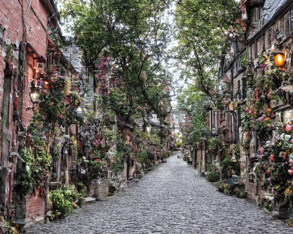 Prompt: cobblestone streets filled with fae, magical, faerie, fanciful