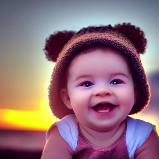 Prompt: baby smiling at sunset