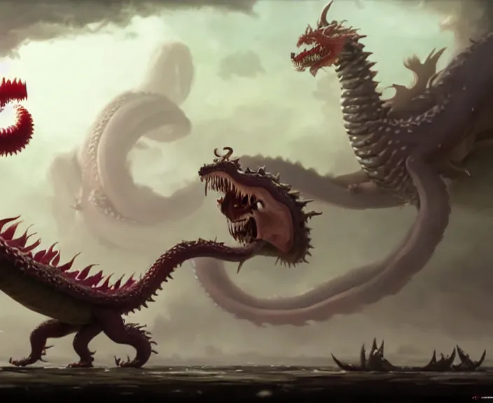 Image similar to still frame from Cloudy with a Chance of Meatballs 2 (2013) of possessed dragon fruit sandworm dragon, Scyth game art by peter Mohrbacher by Jakub Różalski by jakub rozalski