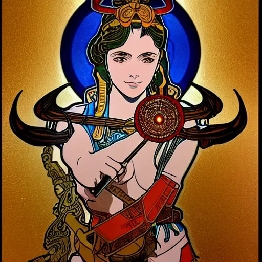 Prompt: photo realistic, realistic, very detailed, female goddess of war with the head of a bull holding a laser highly detailed features retrofuturistic sci - fi, anime style, high quality, transparent glass, toilet paper, portapotty, intricate, stained glass by alphonse mucha by taras shevchenko