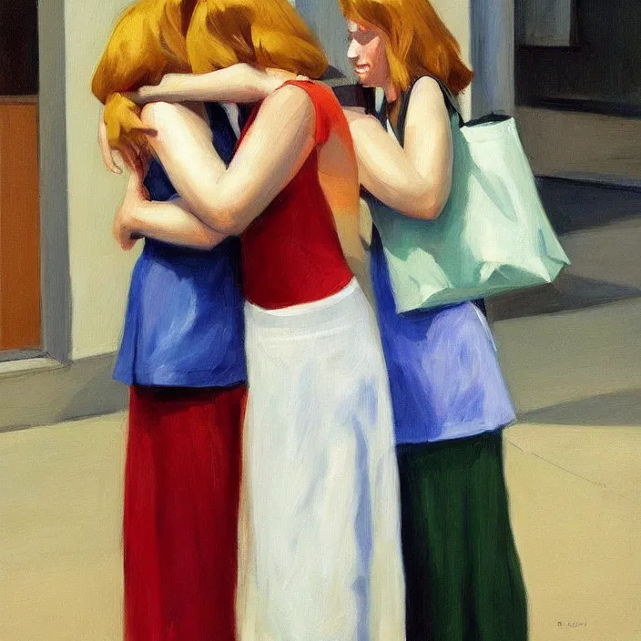 Image similar to two women hugging with a paper bag over the head dressed in plastic bags highly detailed artstation art by edward hopper zdislav beks