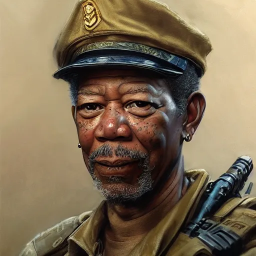 Image similar to Morgan Freeman as a soldier, closeup character art by Donato Giancola, Craig Mullins, digital art, trending on artstation