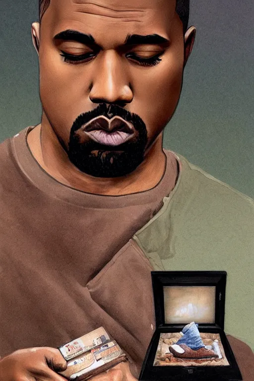 Prompt: depressed cottagecore kanye west holding a adiads shoebox. intricate, elegant. highly detailed, digital painting, artstation, concept art, smooth, sharp, focus, illustration. . art by artgerm and greg rutkowski and alphonse mucha