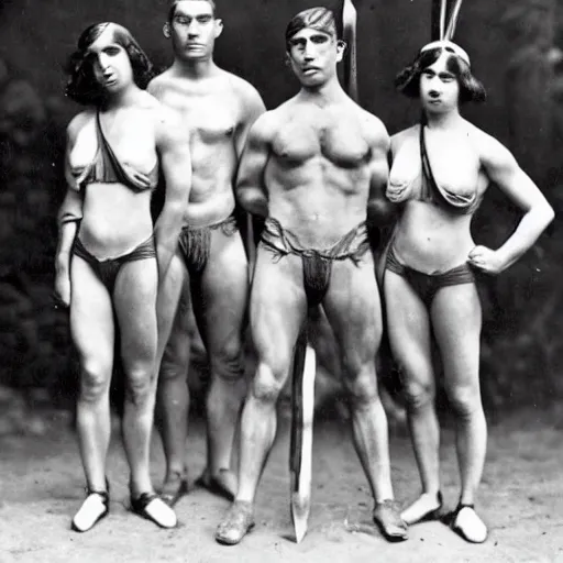 Prompt: muscular Amazonian women and smaller, frailer men, 1920s photography