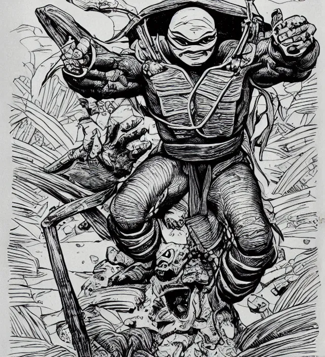 Image similar to Raphael the Ninja Turtle from the Dungeons and Dragons Monster Manual, line art illustration, 1981, high detail