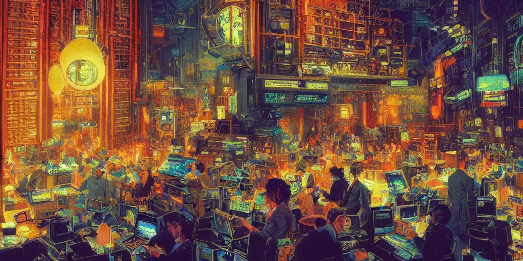 Prompt: beautiful schematic of traders in the new york stock exchange, by paul lehr and mark kolobaev, science fiction, mix of styles, highly detailed, intricate, studio ghibli color scheme, masterpiece, pointillism, abstract