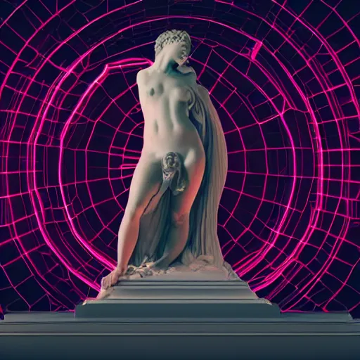 Image similar to a renaissance statue surrounded by a neon ring 3 d render, black background, ray tracing, 8 k resolution, shar focus, hyper detailed, hyper realistic