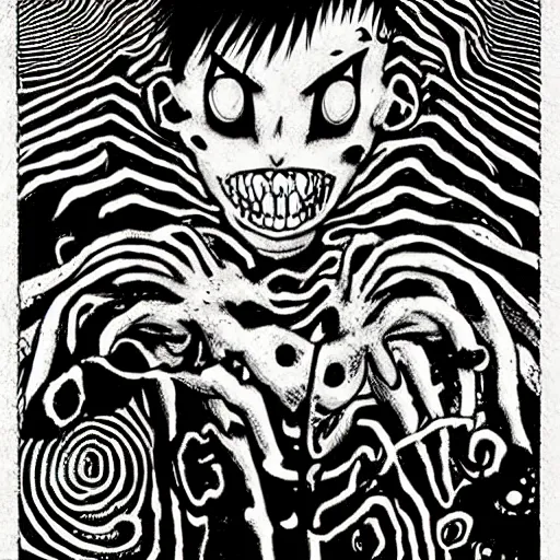 Image similar to dmt hallucinations, horror, darkness, junji ito