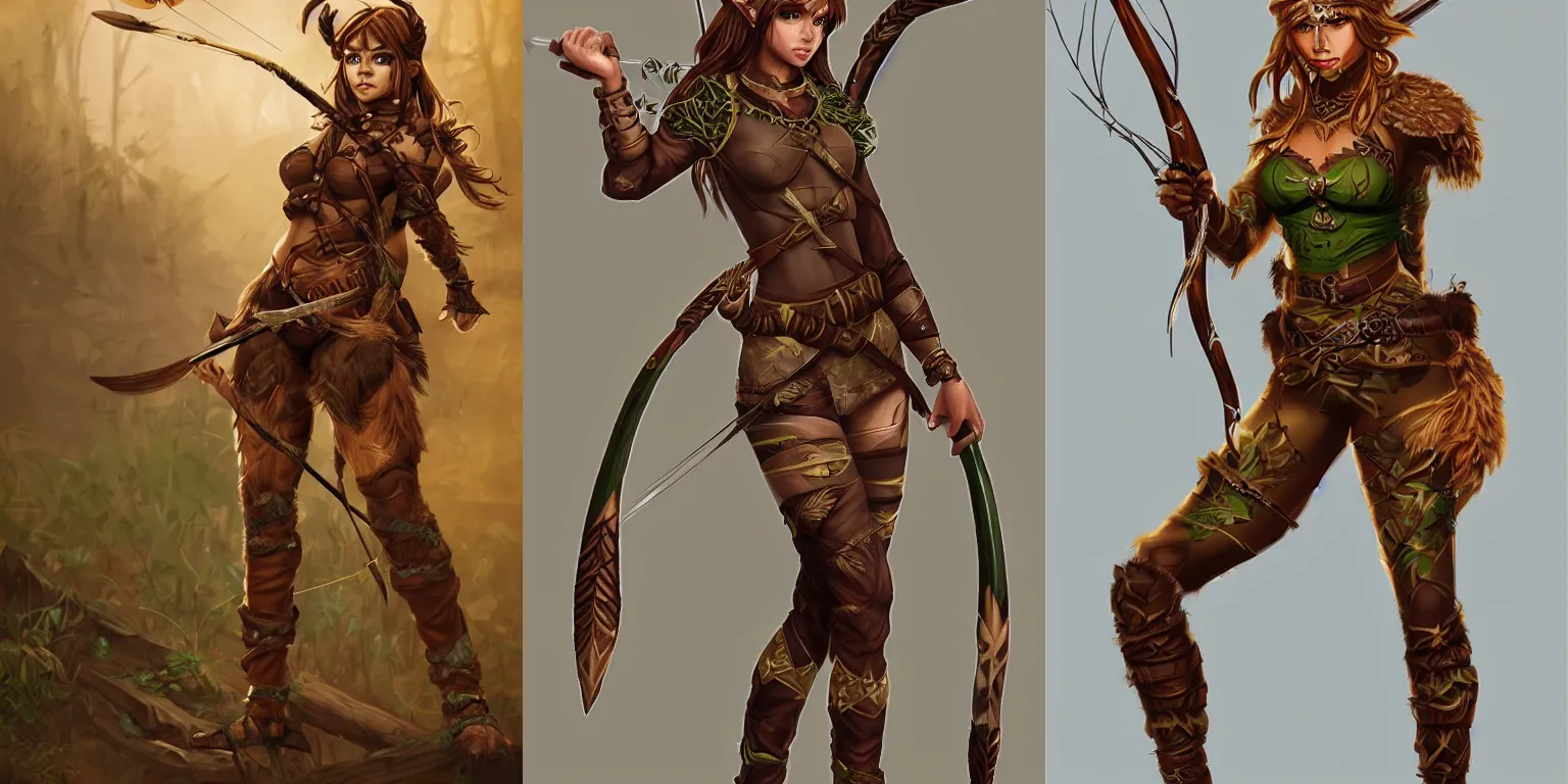 Prompt: Gorgeous Jungle Ranger, brown armor, thick bow, ornamental arrows, savage, pretty face, leggings, high fantasy, elf, brown hair, artstation