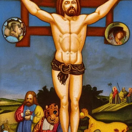 Prompt: tony the tiger crucified along with captain crunch on the cross next to Jesus Christ, oil painting by Juan de Flandes