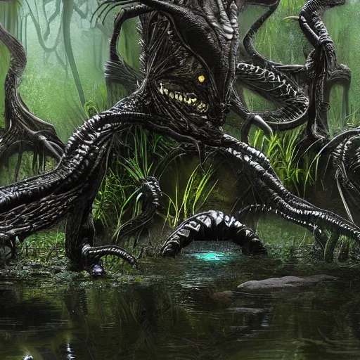 Prompt: strange alien creatures living in a swamp, photo realistic, highly detailed