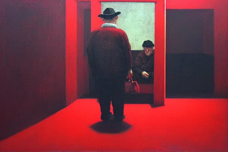 Prompt: only with red, a red old man try to sell a portrait, in a square, crowd goes crazy, in the style of beksinski, parts by edward hopper, parts by rodcenko, parts by yue minjun, intricate and epic composition, red by caravaggio, insanely quality, highly detailed, masterpiece, red light, artstation, 4 k