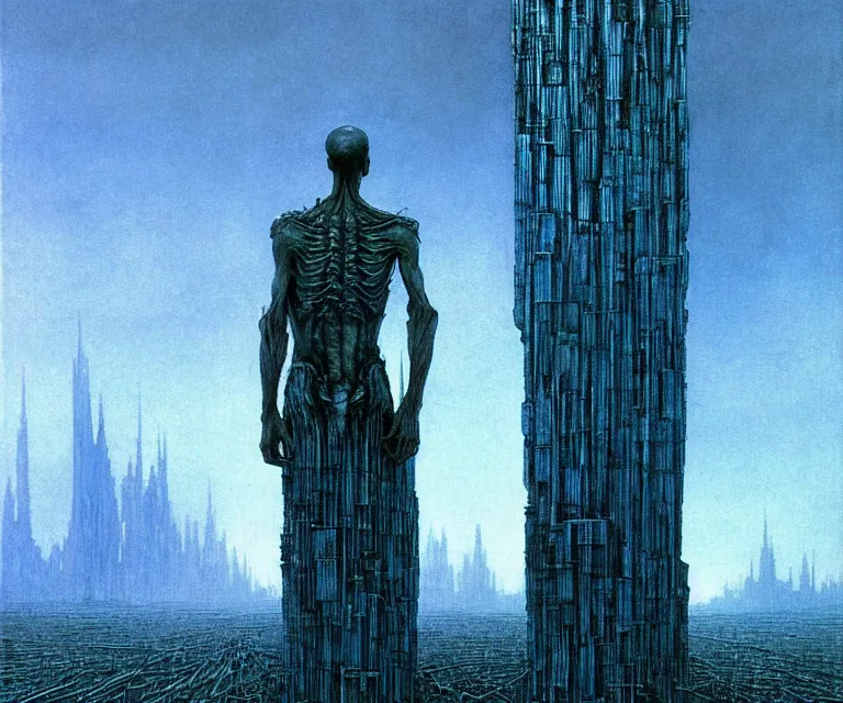 Prompt: tall man consisting of blue translucent shiny material and sparse metallic stripes, standing in ruins in the evening. extremely high details, realistic, fantasy art, solo, masterpiece, art by zdzislaw beksinski, arthur rackham, dariusz zawadzki