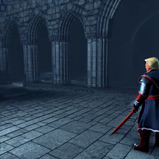 Image similar to donald trump in dark souls, ps 5 screenshot, isometric view, third person gameplay, boss battle, 3 d render, cryengine, highly detailed