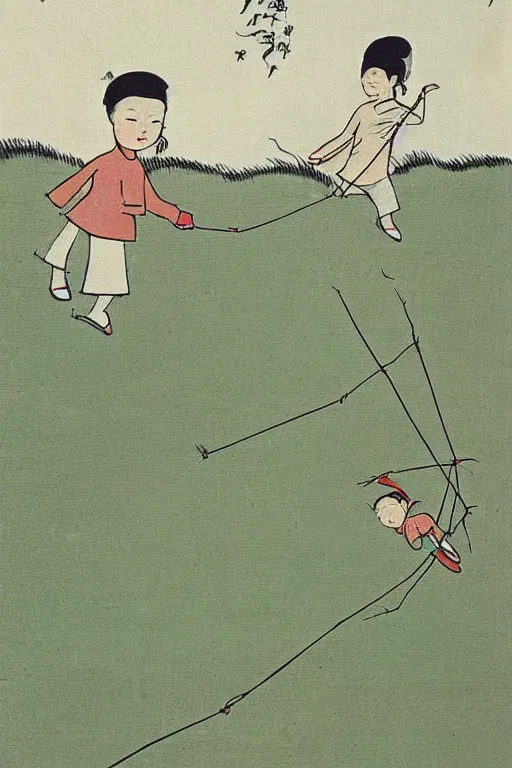 Prompt: A cartoon painting of two children flying kites in the field in spring.by Feng Zikai.