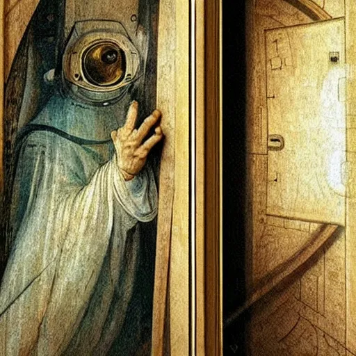 Image similar to photo - realism, space astronaut opening door that shows space and time created by leonardo davinci with extra detail, epic.