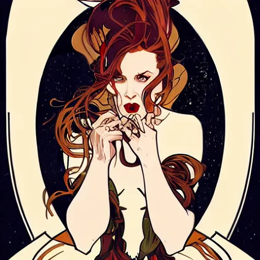 Image similar to Joshua Middleton art, Alphonse Mucha, pretty vampire Amy Adams, full entire slender body fun pose, sharp teeth, horror symmetrical face, symmetrical eyes, black Victorian dress, long curl red hair, outside in snow snowing