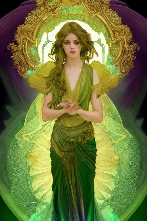 Image similar to a magic the gattering illustration of a woman angel , fantasy, gradient black green gold, dreamy and ethereal, green eyes, golden ratio, peaceful expression, ornate frilly dress, fantasy, intricate, elegant, rainbow splash of ink, highly detailed, digital painting, artstation, concept art, smooth,b sharp focus, illustration, art by scott fisher and alphonse mucha