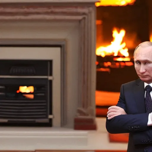 Image similar to vladimir putin looking into a log fire smirking reflections lighting