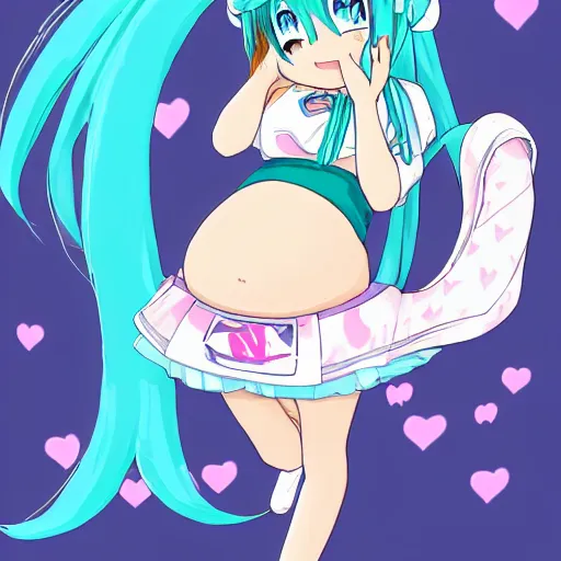 Image similar to cute pregnant hatsune miku with pregnant belly, baby struggling inside womb, kicks are visible on the belly, art in anime style, trending on pixiv