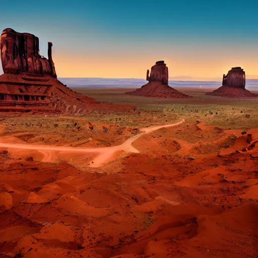 Image similar to photo of monument valley as the sun is setting, deep focus, highly detailled, 8 k uhd, award - winning photography, moody setting
