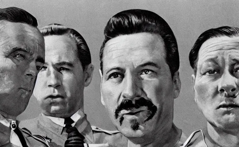 Image similar to 50s movie still close-up portrait of three individual elder soviet generals with very diverses faces in a stalinist style hall, by Irving Penn, Cinestill 800t 50mm black and white, heavy grainy picture, very detailed, high quality, 4k, HD criterion, precise texture, facial precision, diverse haircuts, diverse ages, each faces precisely define