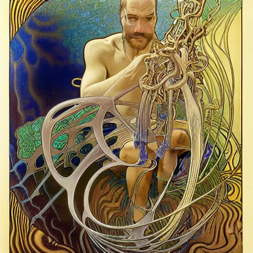 Image similar to an average man with his briefcase by Jean Delville, Amano and Yves Tanguy and Alphonse Mucha and Ernst Haeckel and Edward Robert Hughes and Roger Dean,